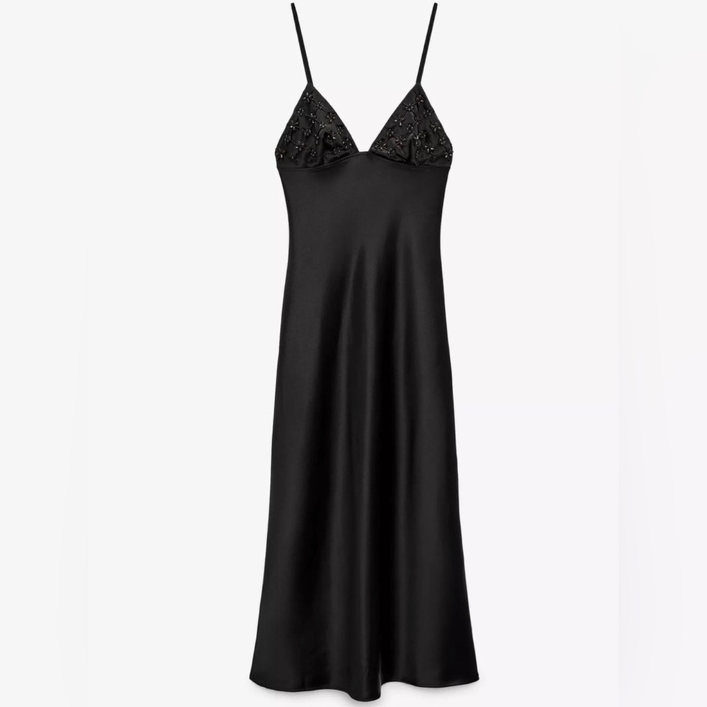 Zara Black Beaded Satin Maxi Slip Dress
